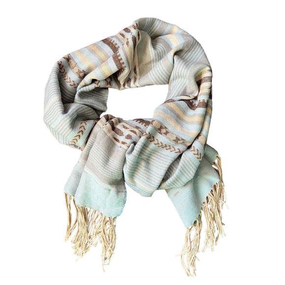 Powder Blue Southwestern Blanket Tassel Scarf 27x71” Big Cozy Scarf Stripes - Picture 5 of 14